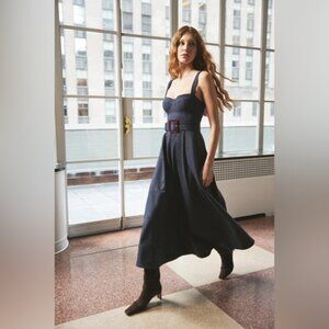 NEW Cara Cara Calypso Belt Bustier Midi Dress Navy Chalk Pin Stripe US 6 UK 10